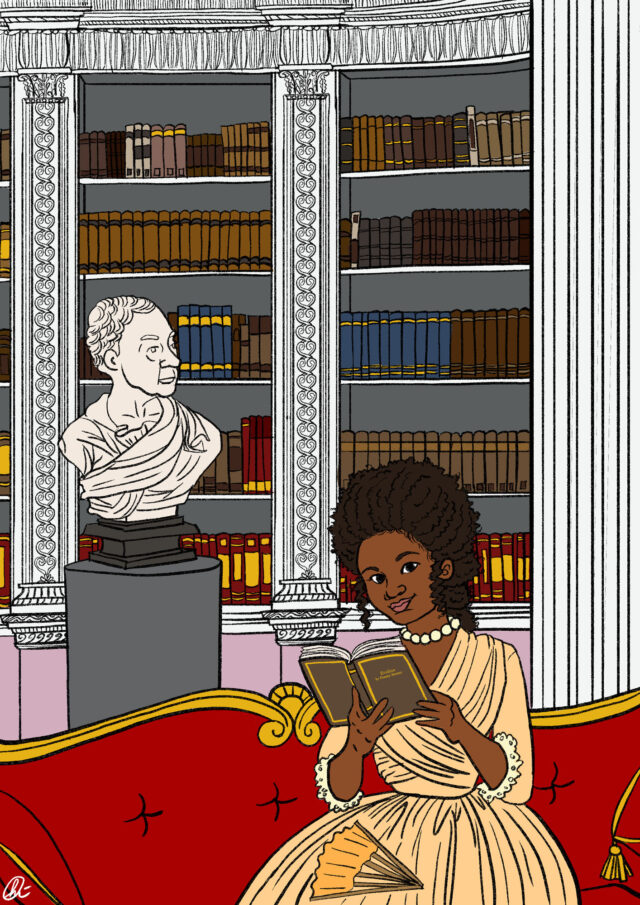 Illustration of Dido Belle reading in a library