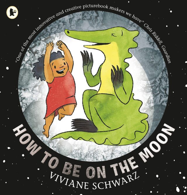 Illustrated book cover for 'How To Be On The Moon; with a little girl and a dragon