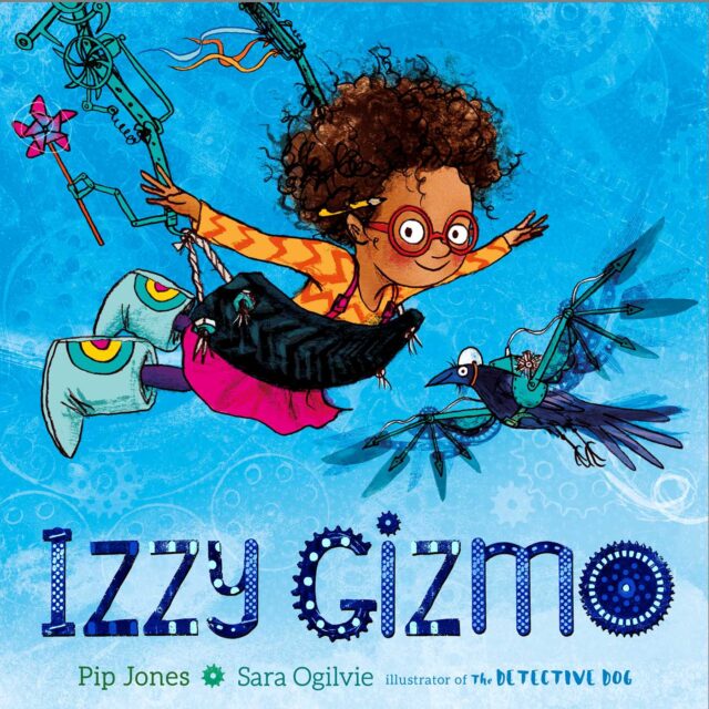 Illustrated book cover of a young girl flying in the air using gadgets