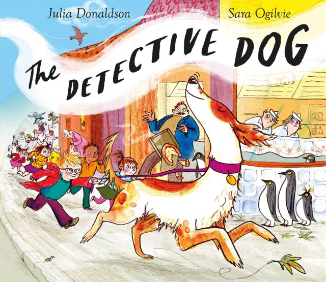 Illustrated book cover of a dog being followed by a crowd of people
